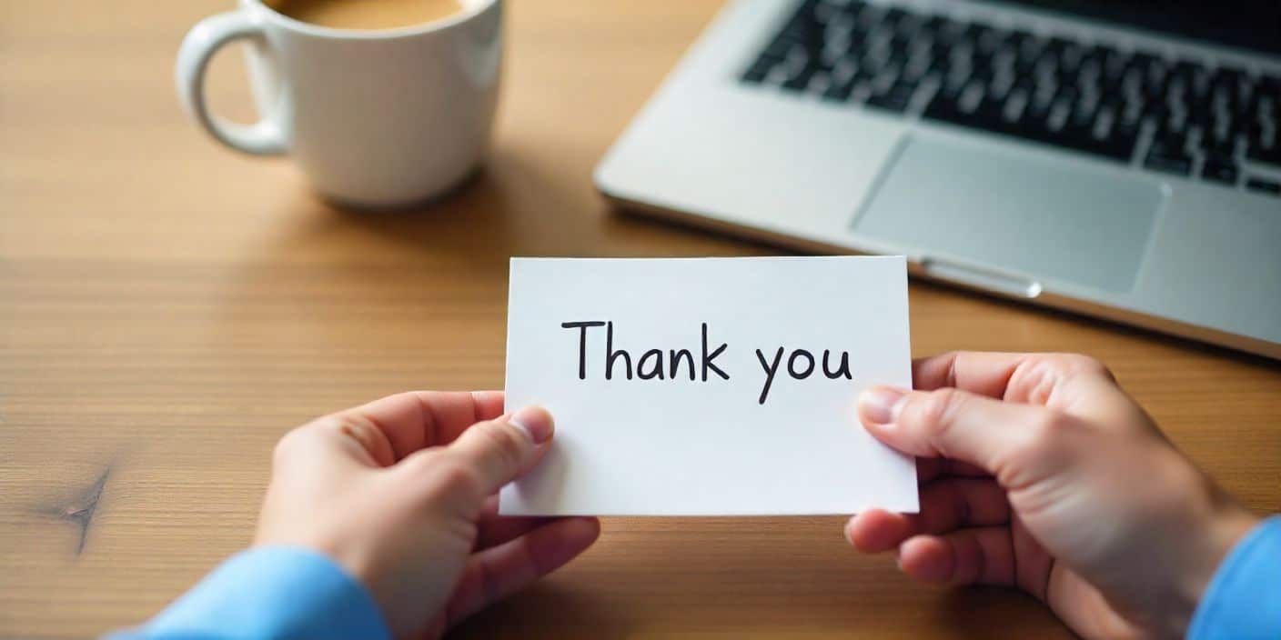 A man’s hands on a desk with a thank-you card, coffee, and laptop, representing appreciation and professional gratitude.