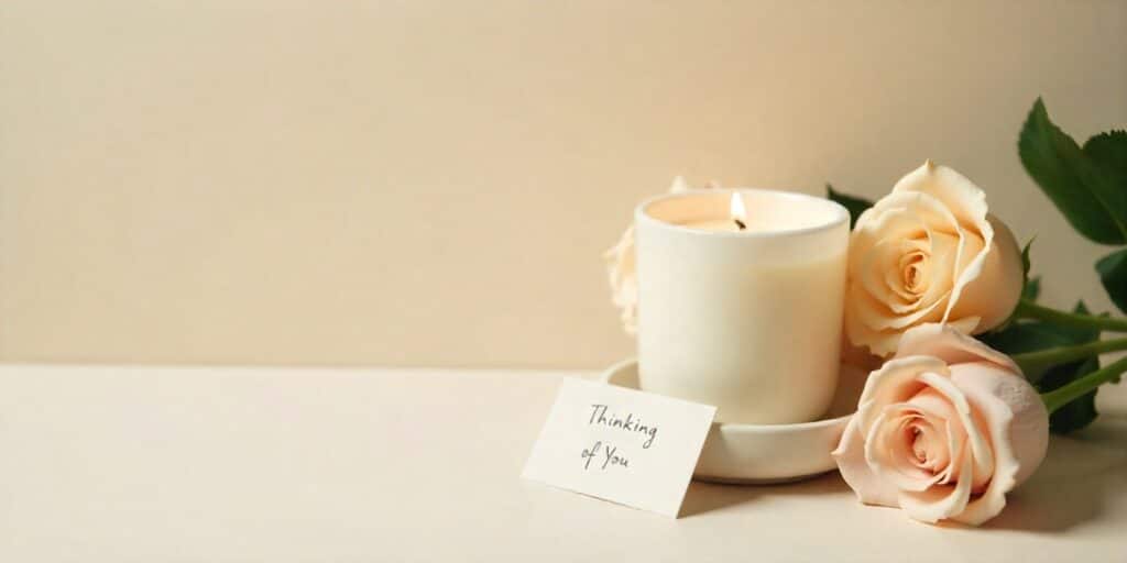 Sympathy-themed setup with flowers, candlelight, and a “Thinking of You” card.