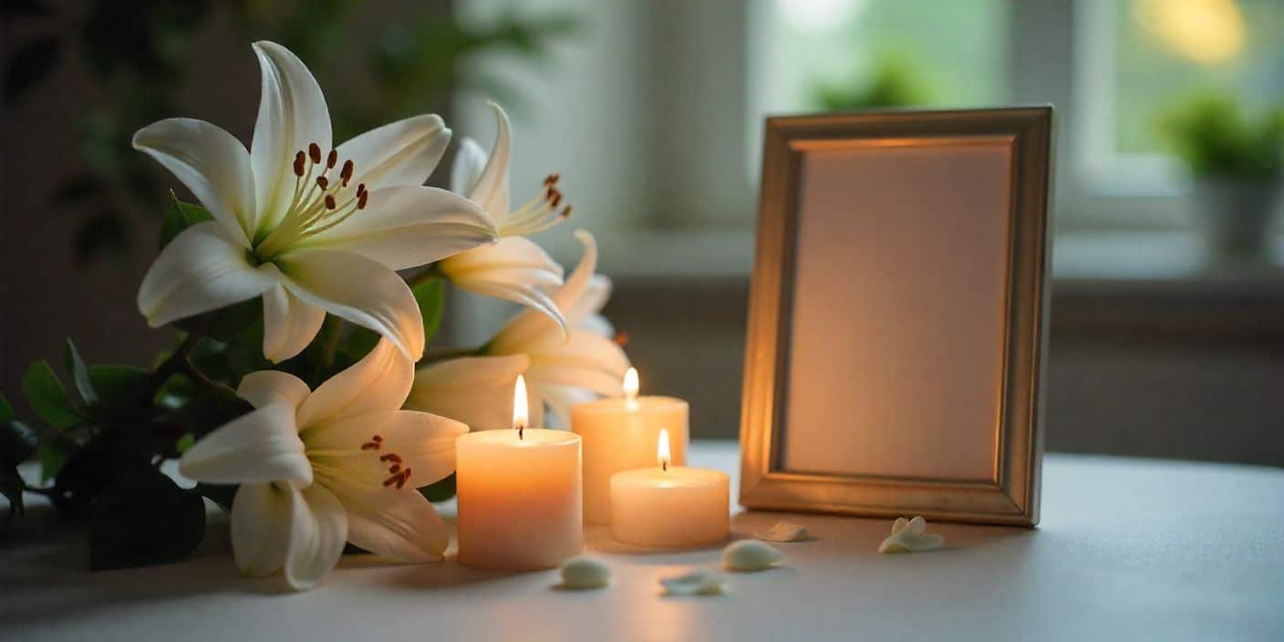 Peaceful remembrance image with candle, lilies, and photo frame for death anniversary quotes.