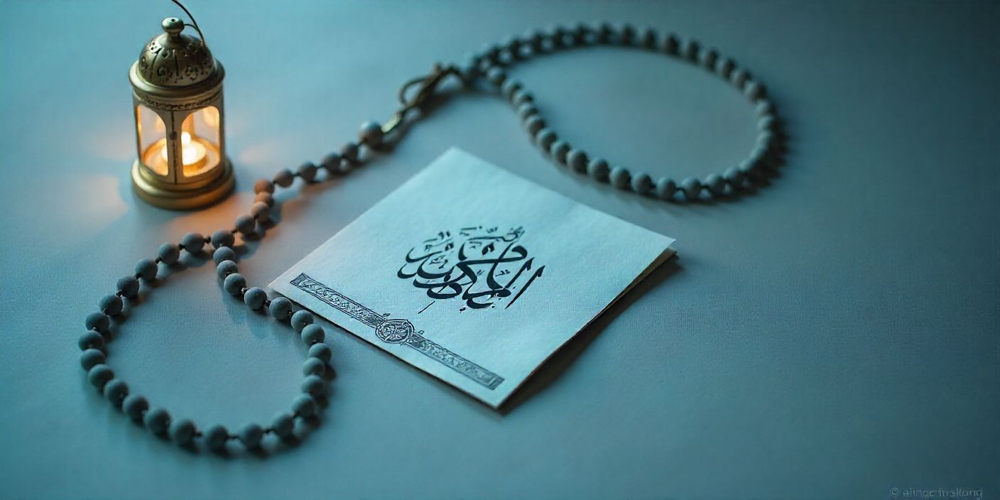 prayer setup with Arabic calligraphy, misbaha beads, and a glowing lantern for a daughter-in-law prayer.