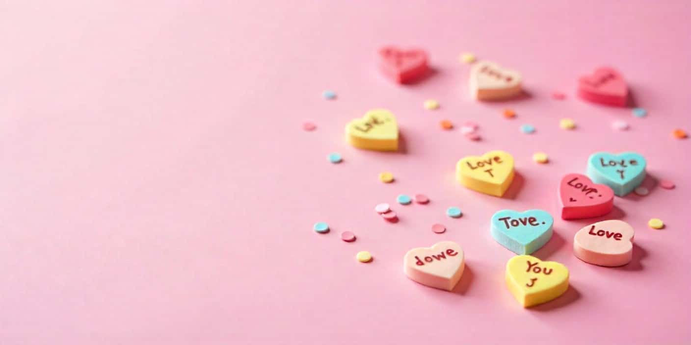 Valentine candy hearts with short love messages on a pink background.