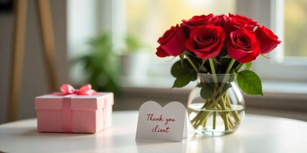 Professional Valentine-themed office desk with roses, gift box, and thank-you card for clients.