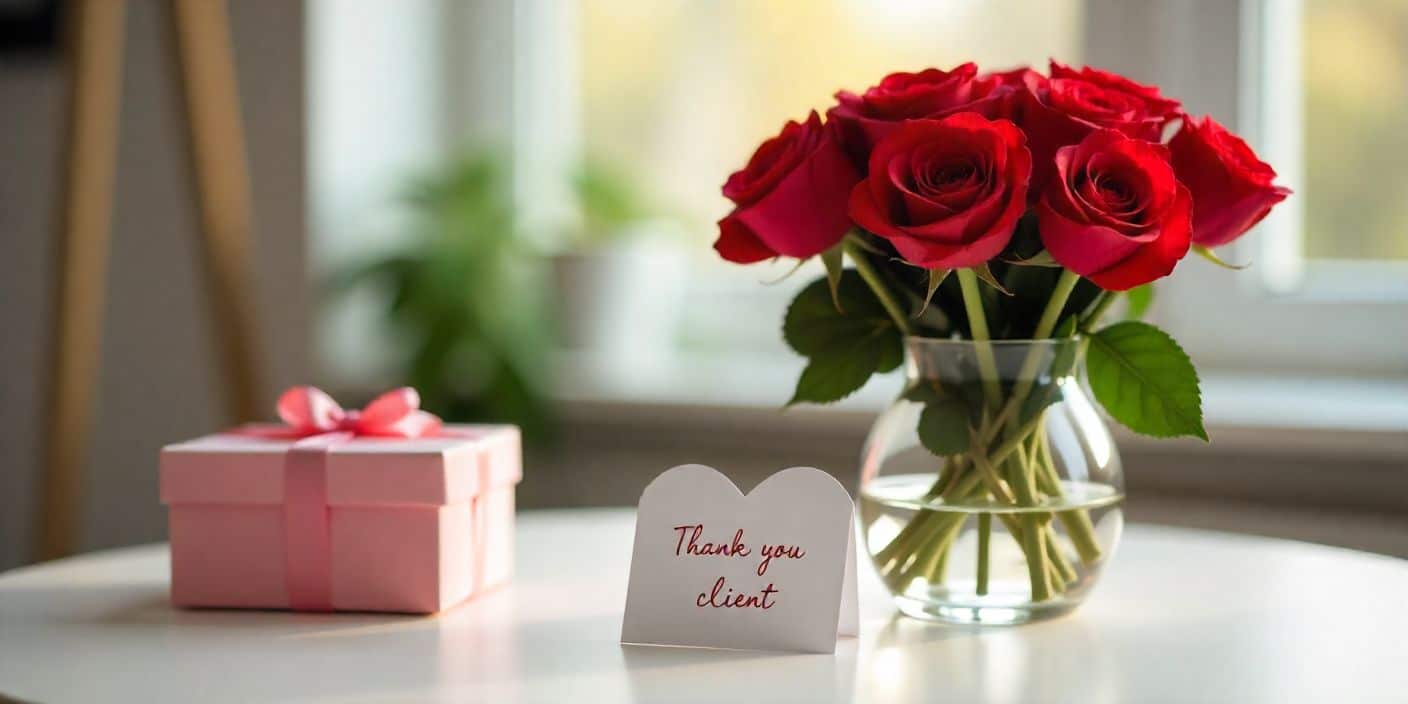 Professional Valentine-themed office desk with roses, gift box, and thank-you card for clients.