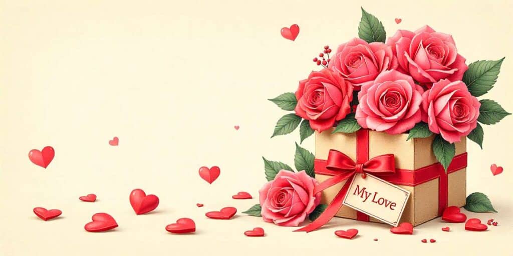 Romantic Valentine setup with roses, hearts, and a love message card.