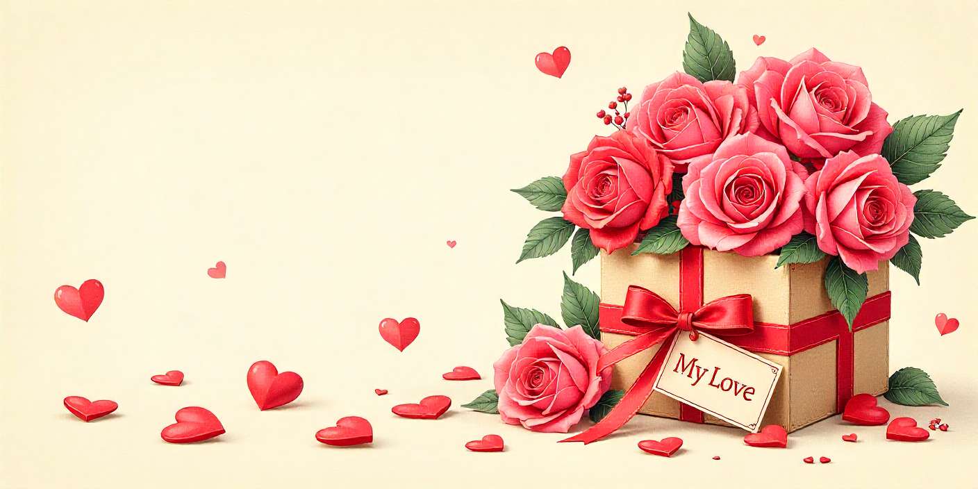 Romantic Valentine setup with roses, hearts, and a love message card.