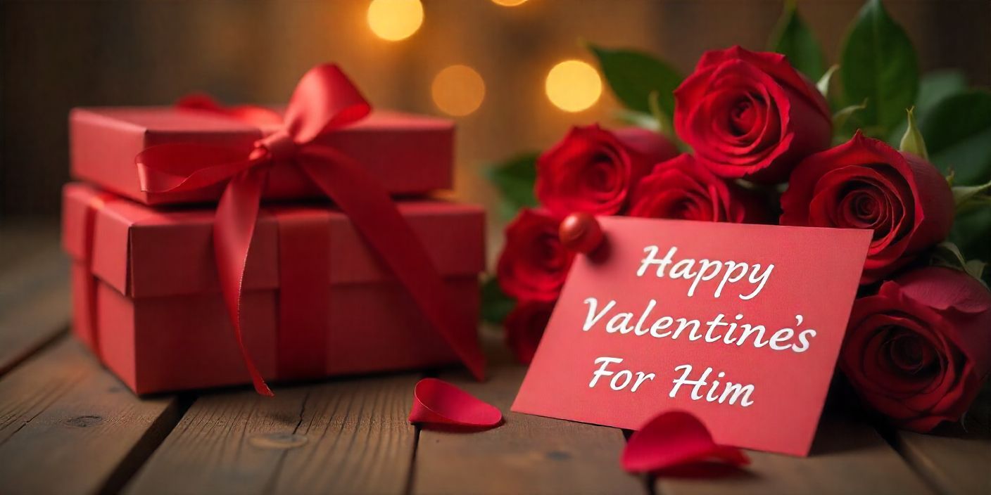 Romantic Valentine’s Day gift scene with roses, heart card, and elegant gift box for him.
