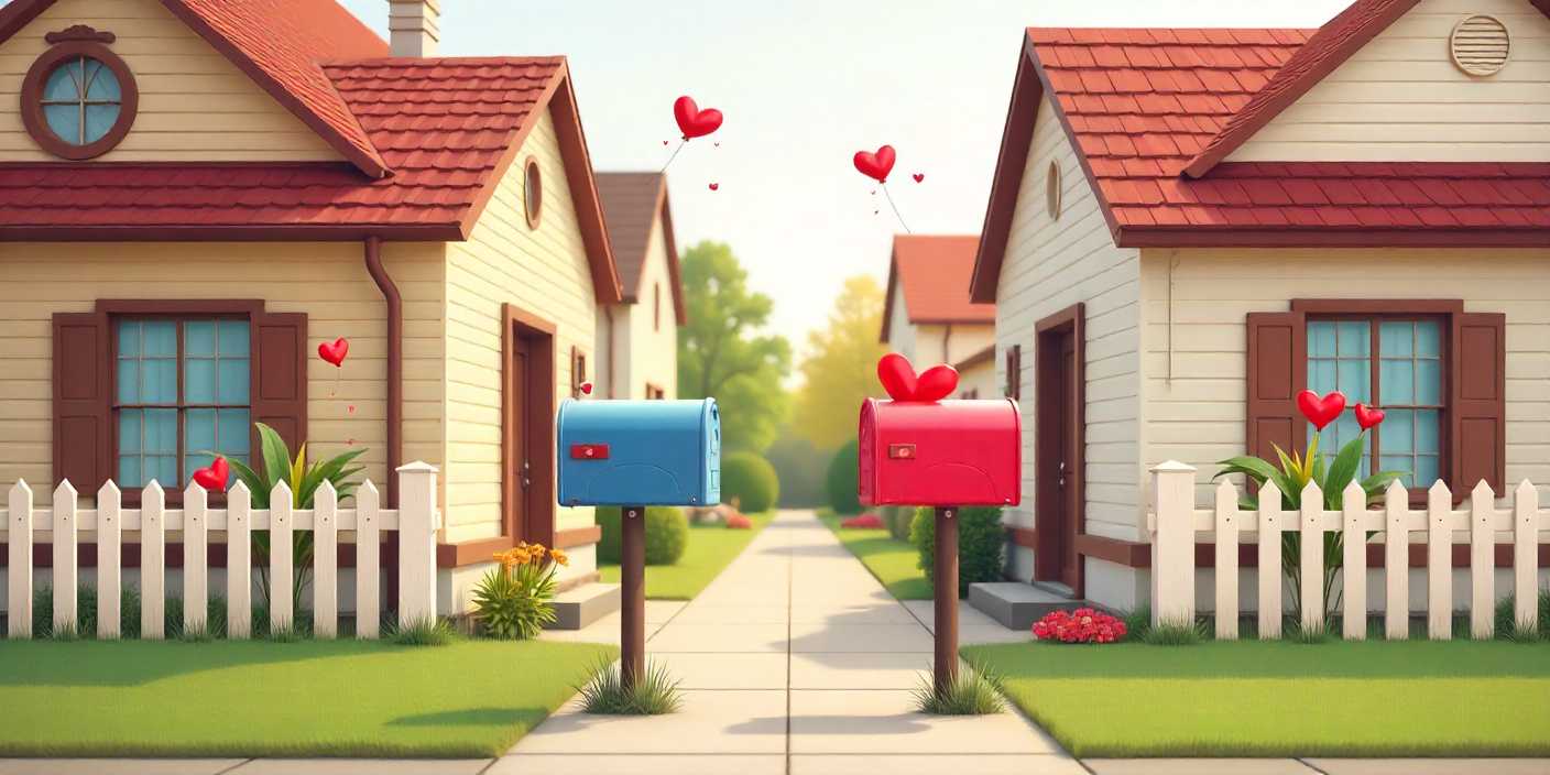 Friendly Valentine’s Day scene between neighbors with houses, gifts, and heart decorations.