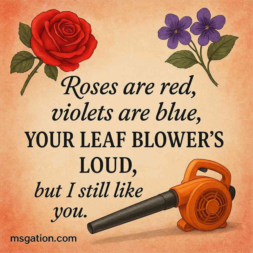 Roses are red, violets are blue, your leaf blower’s loud, but I still like you.