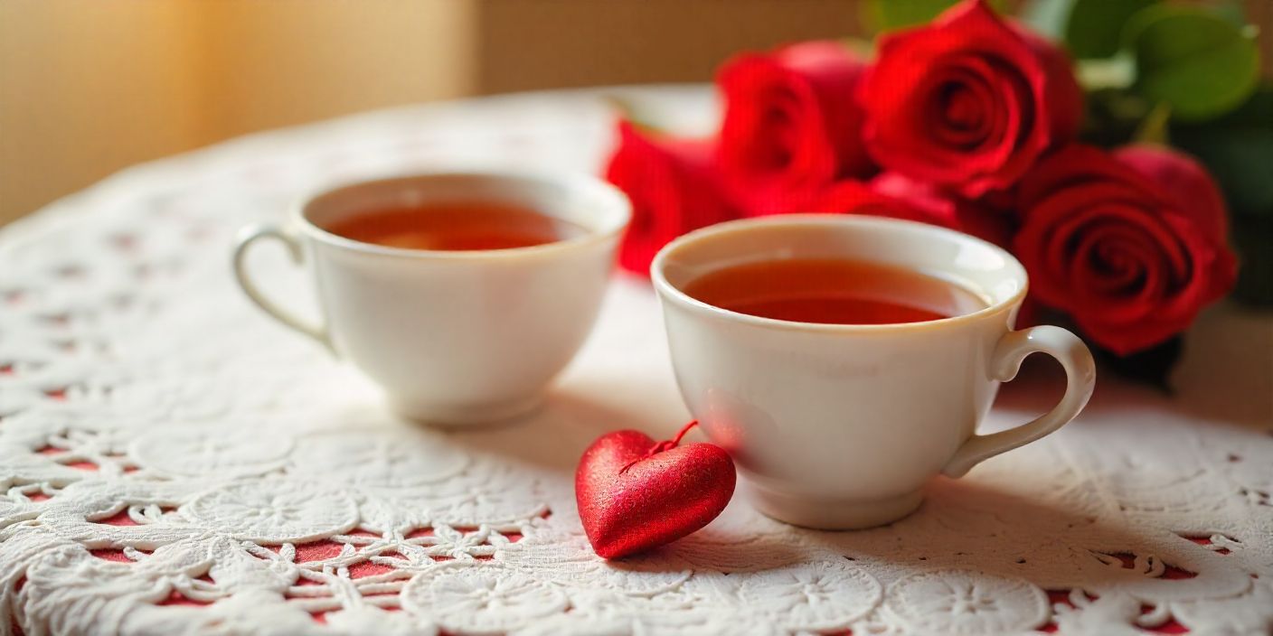 Romantic cozy Valentine-themed image with tea cups, heart ornament, and roses for senior citizens.