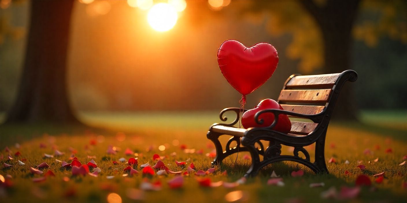 Valentine romantic scene with heart-shaped balloon and love notes.