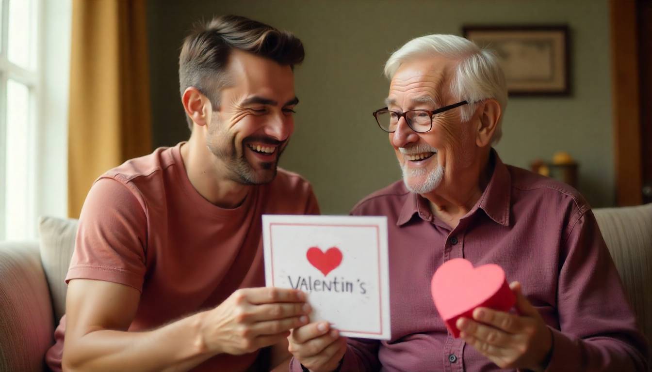 Man giving Valentine’s card and gift to uncle with joyful family love theme.
