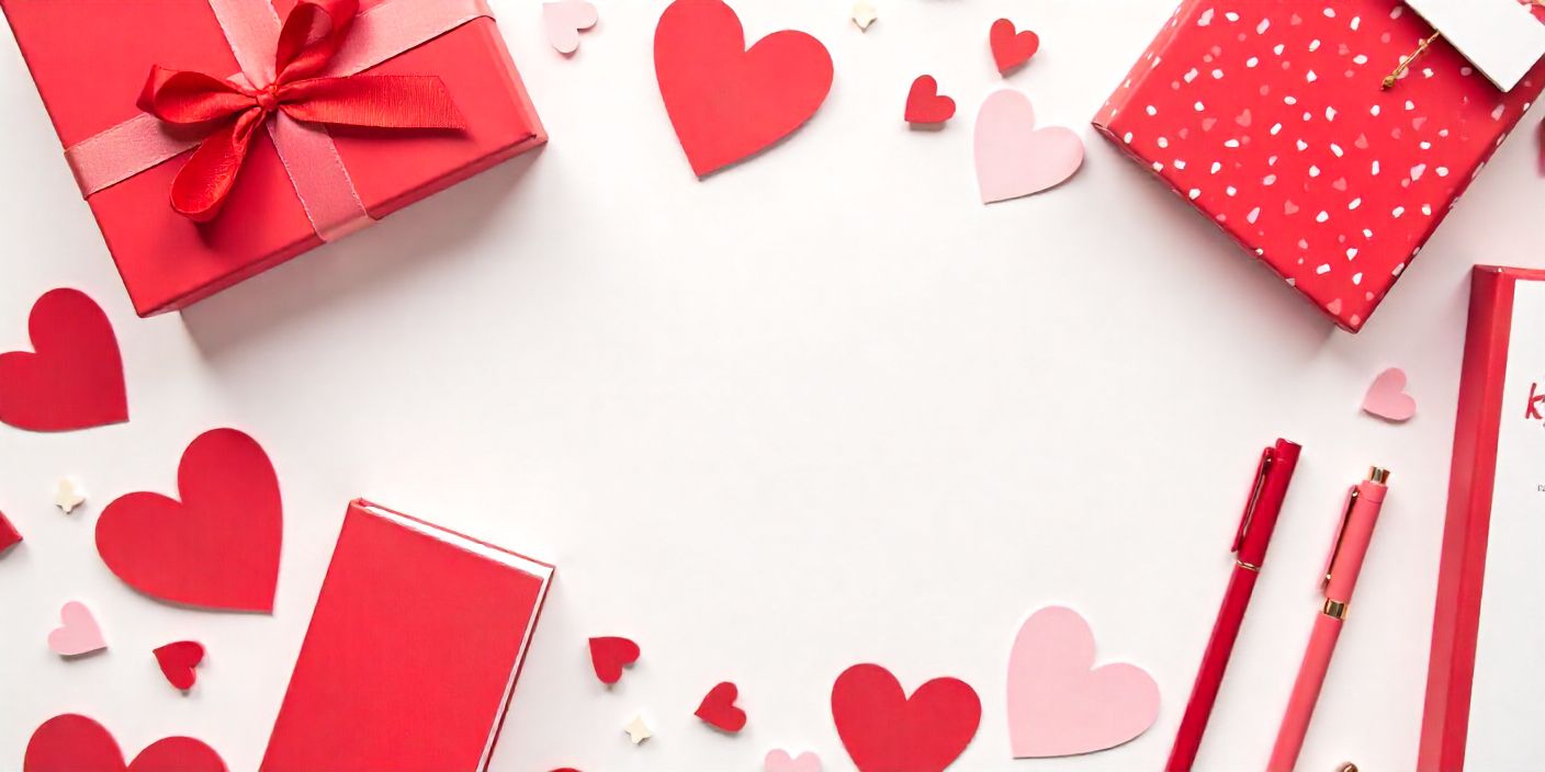 Valentine’s Day business-themed flat lay with hearts, gifts, and branding elements for marketing posts.