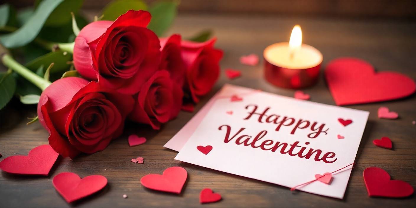 Valentine’s Day wishes for everyone featuring hearts, roses, candles, and love-themed decorations.