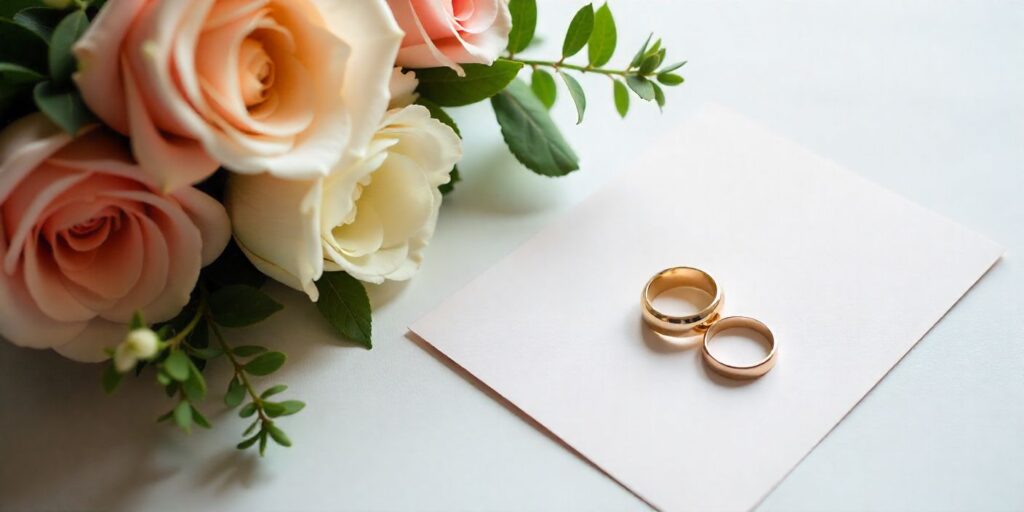 Elegant wedding celebration, rings, and congratulatory message for best friend.