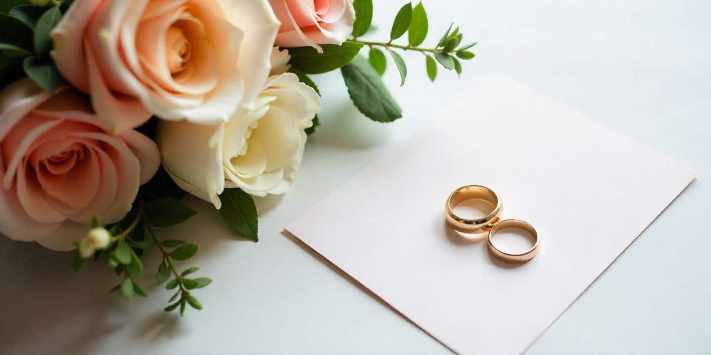 Elegant wedding celebration, rings, and congratulatory message for best friend.