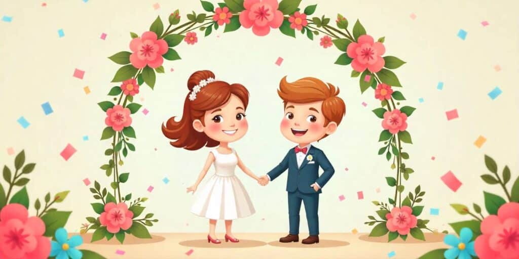 A touching wedding scene of a father blessing his daughter and son-in-law on their wedding day in a floral outdoor setting.