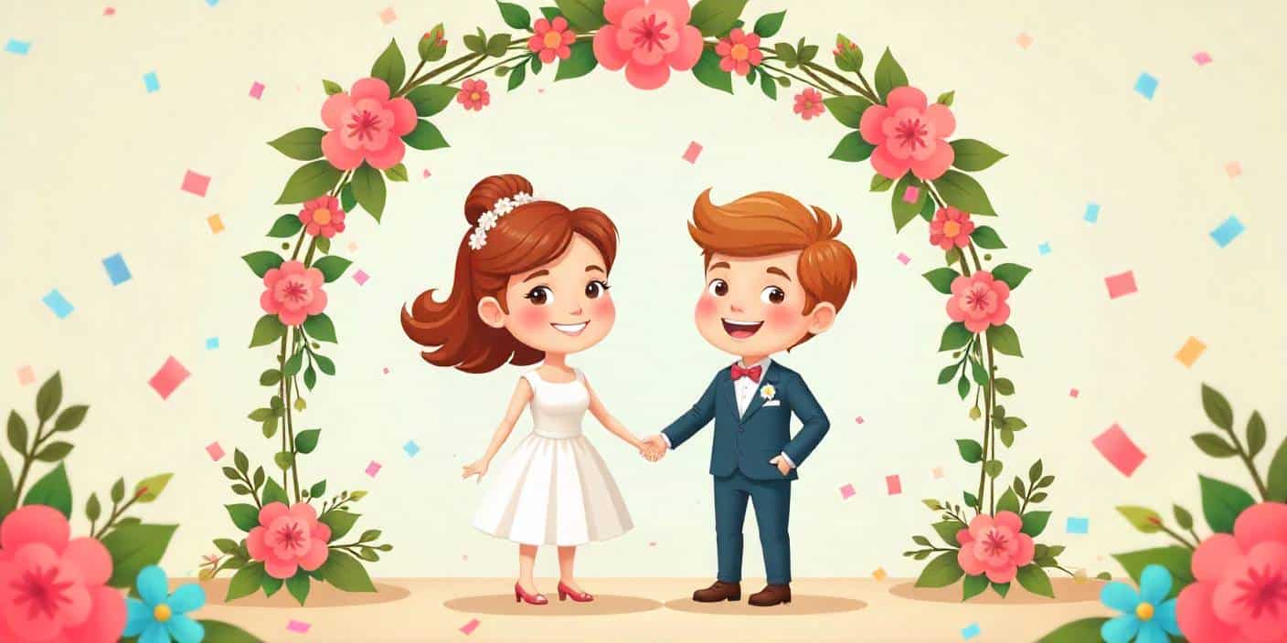 A touching wedding scene of a father blessing his daughter and son-in-law on their wedding day in a floral outdoor setting.