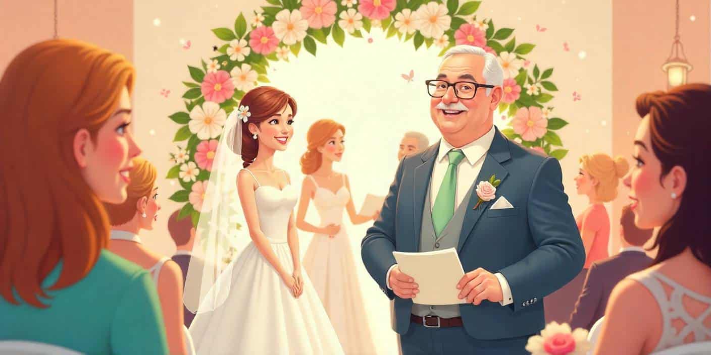 Uncle writing wedding wishes card for niece with flowers and rings on elegant table.