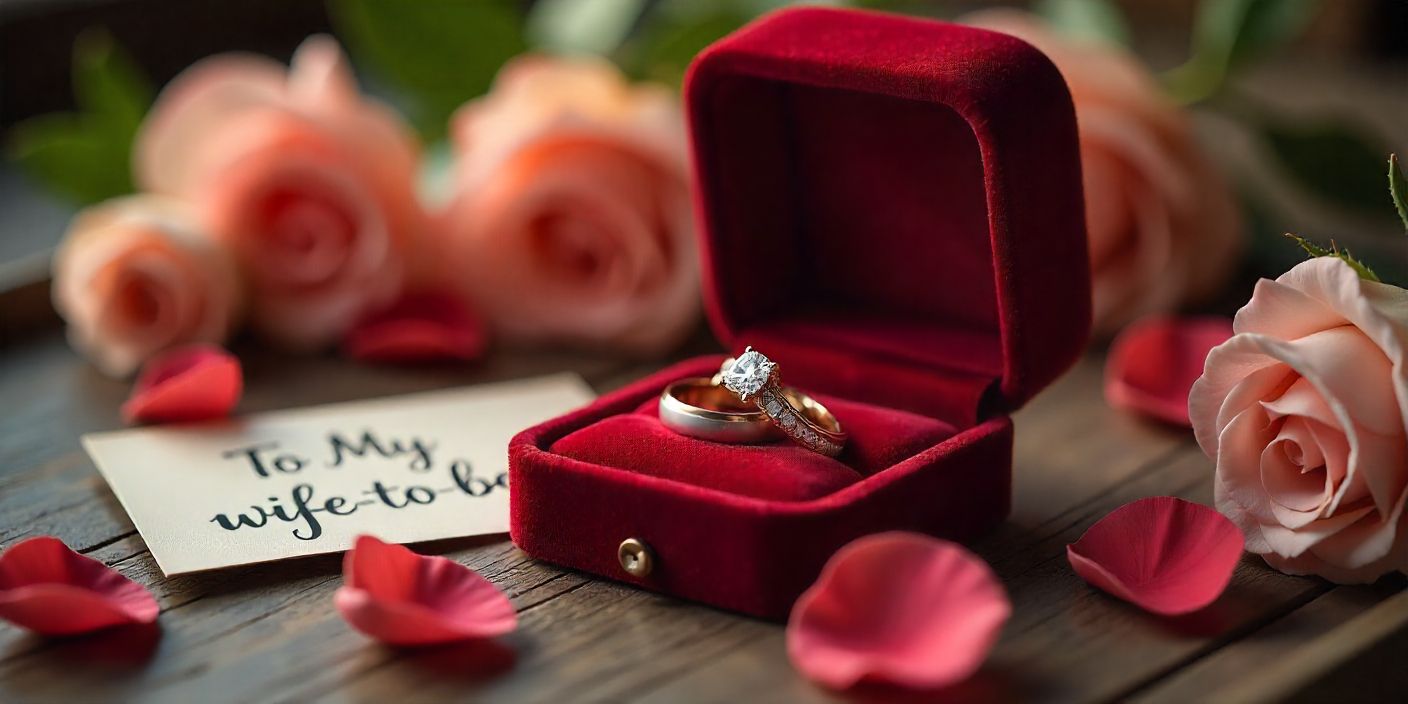 Engagement scene with wedding rings and a message card for a future wife.