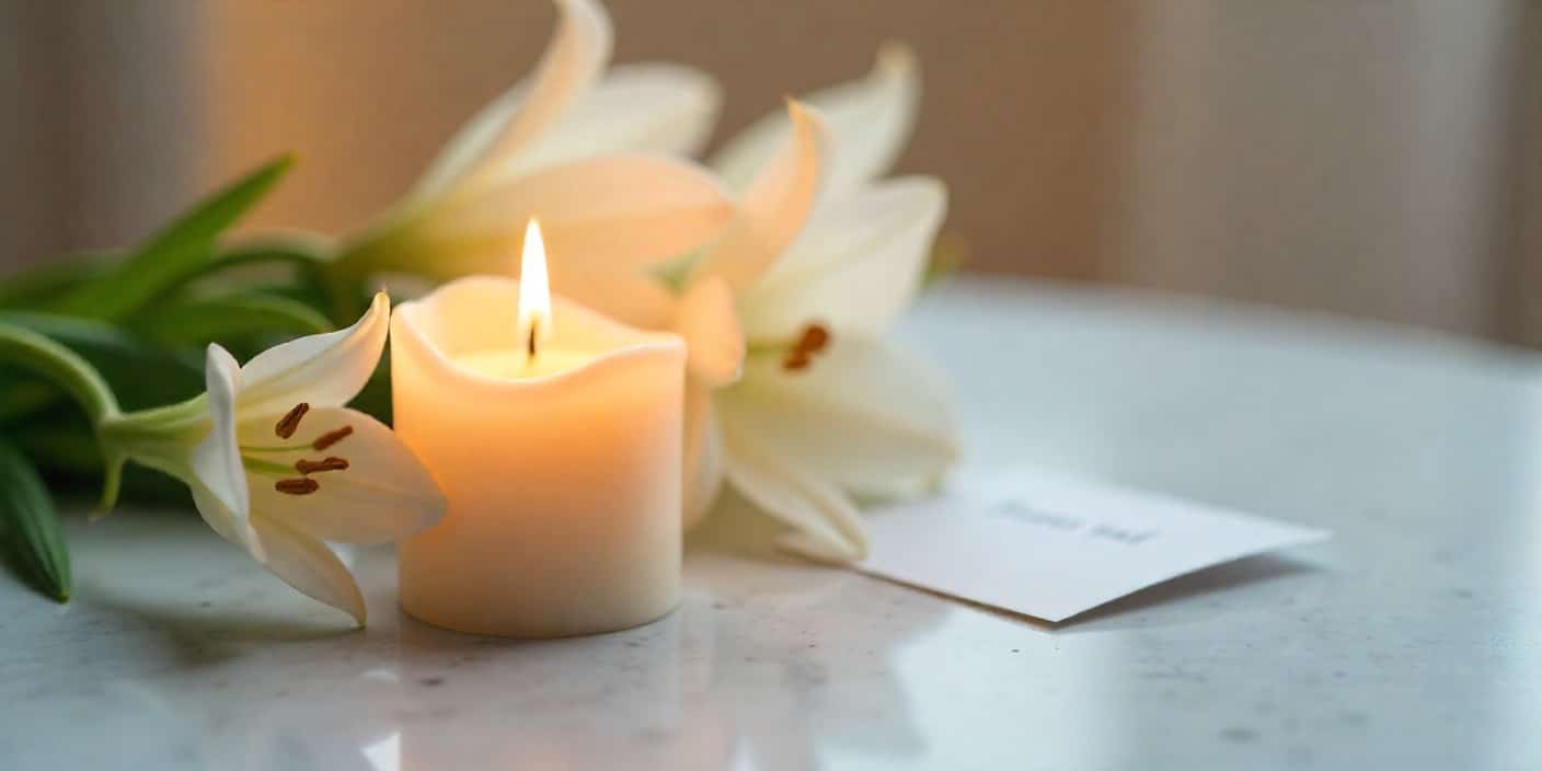 Comforting sympathy setup with candlelight, white lilies, and an encouraging message card.