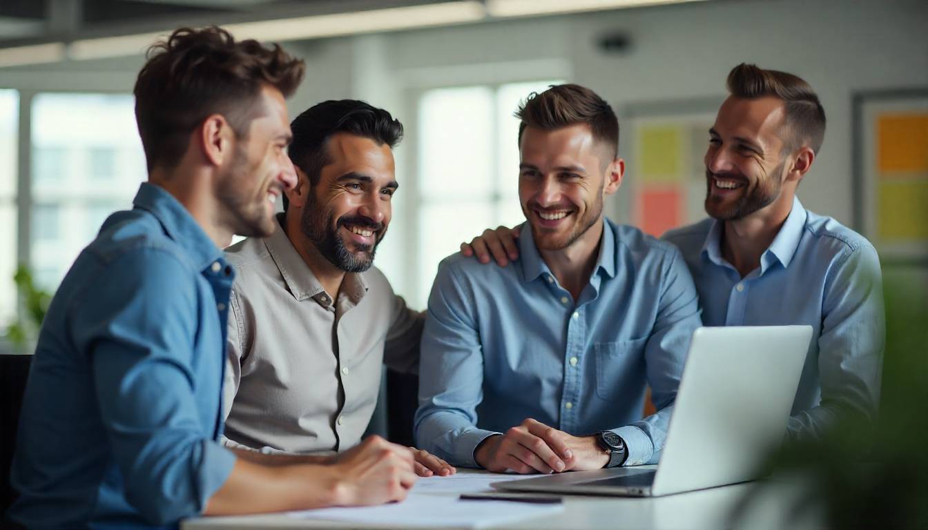 Male coworkers sharing encouragement and teamwork spirit in a modern office.