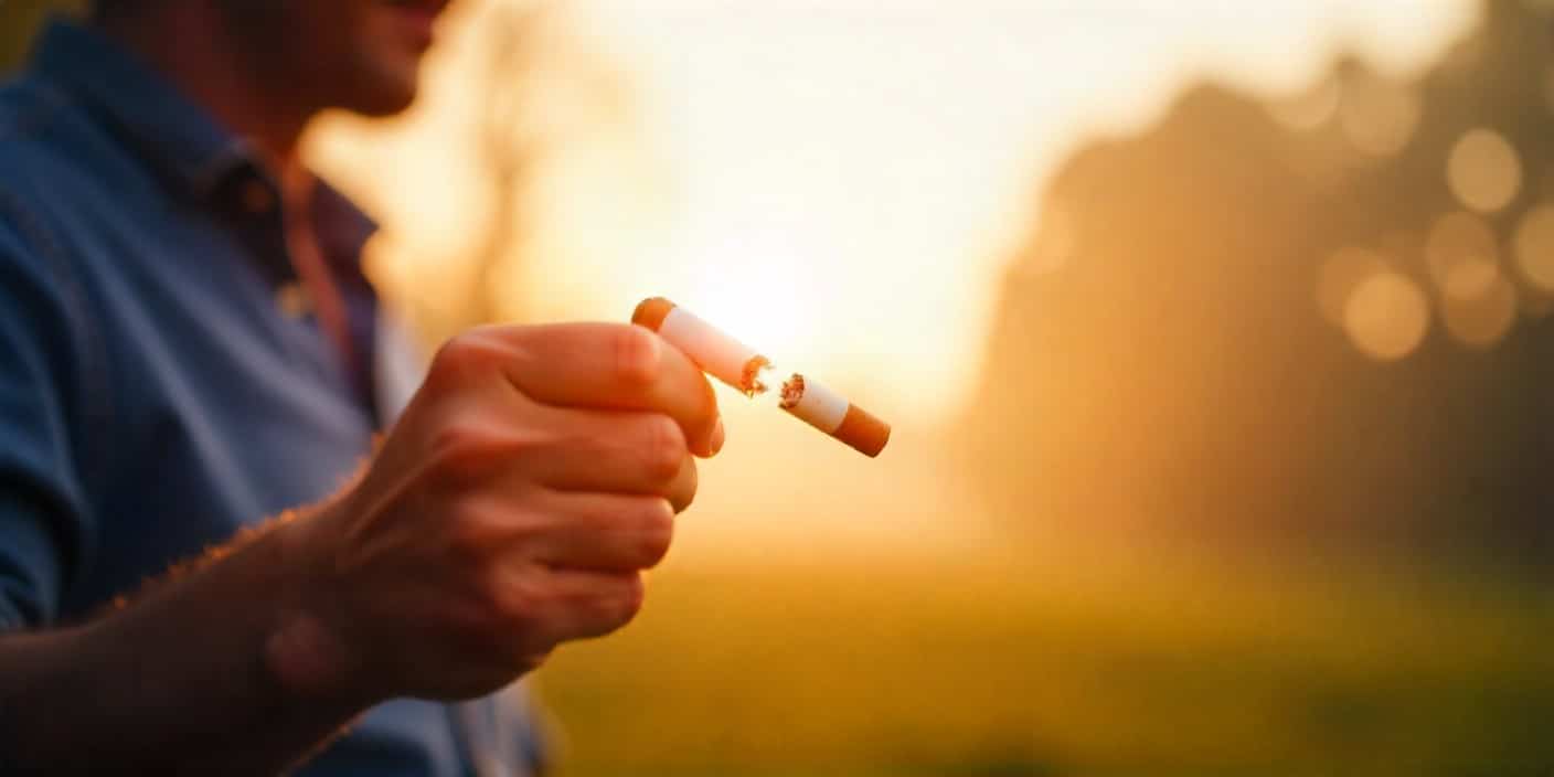 Man breaking cigarette outdoors with sunlight behind him, symbolizing quitting smoking, determination, and new beginnings.