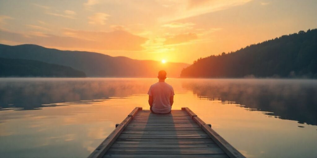 A serene image of a man sitting by a lake at sunrise, symbolizing hope, healing, and encouragement during recovery.