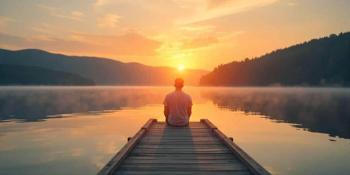 A serene image of a man sitting by a lake at sunrise, symbolizing hope, healing, and encouragement during recovery.