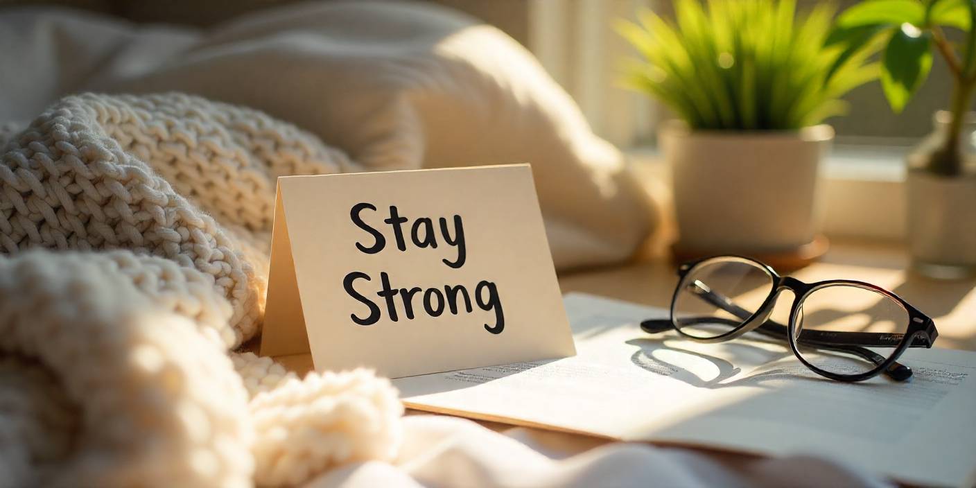 Comforting image with encouraging message card and cozy bedside setup for nursing home inspiration.